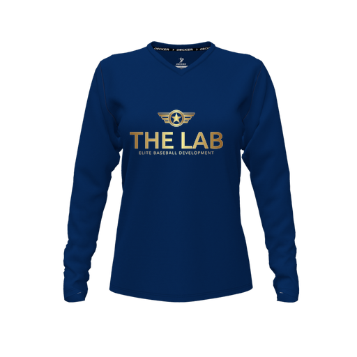 [CUS-DFW-TEES-CMF-VNK-LSL-NVY-FYXS-LOGO1] Comfort T-Shirt (Female Youth XS, Navy, V Neck, Logo 1, Long Sleeve)