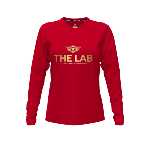 [CUS-DFW-TEES-CMF-VNK-LSL-RED-FYXS-LOGO1] Comfort T-Shirt (Female Youth XS, Red, V Neck, Logo 1, Long Sleeve)