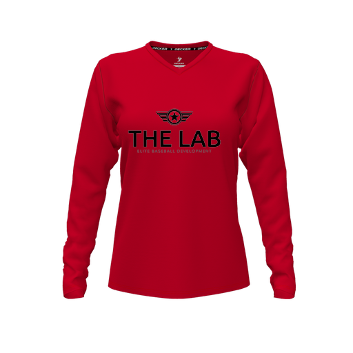 [CUS-DFW-TEES-CMF-VNK-LSL-RED-FYXS-LOGO2] Comfort T-Shirt (Female Youth XS, Red, V Neck, Logo 2, Long Sleeve)