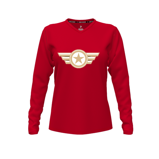 [CUS-DFW-TEES-CMF-VNK-LSL-RED-FYXS-LOGO3] Comfort T-Shirt (Female Youth XS, Red, V Neck, Logo 3, Long Sleeve)