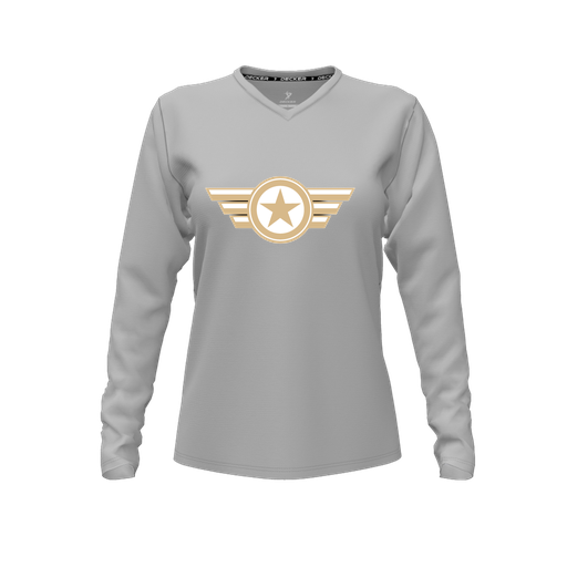 [CUS-DFW-TEES-CMF-VNK-LSL-GRY-FYXS-LOGO3] Comfort T-Shirt (Female Youth XS, Gray, V Neck, Logo 3, Long Sleeve)